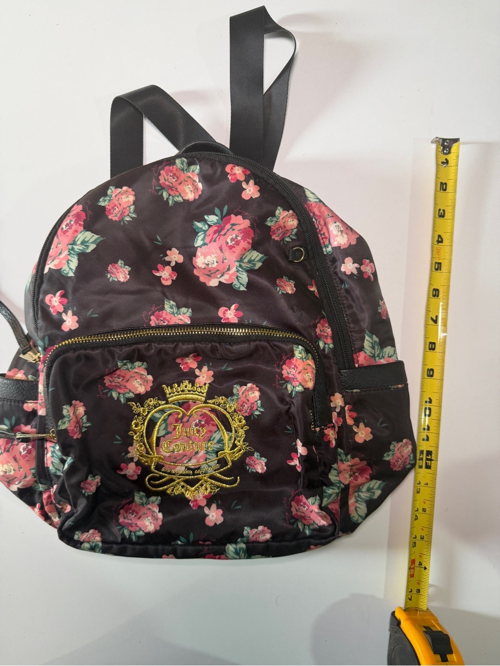 Juicy Couture Black Mini Backpack with Pink Rose Print and Gold Crest